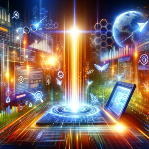 A dynamic and futuristic digital landscape showcasing the power of SEO, with a bright light emanating from a computer screen surrounded by floating graphs, search engine pages, and keywords.